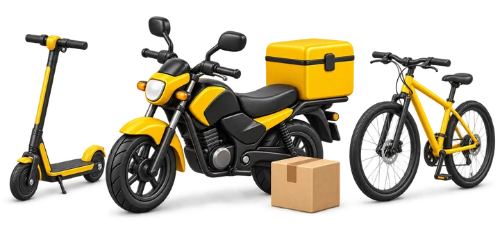 Scooter, moto de reparto con su caja y bicicleta, junto a un paquete listo para entregar